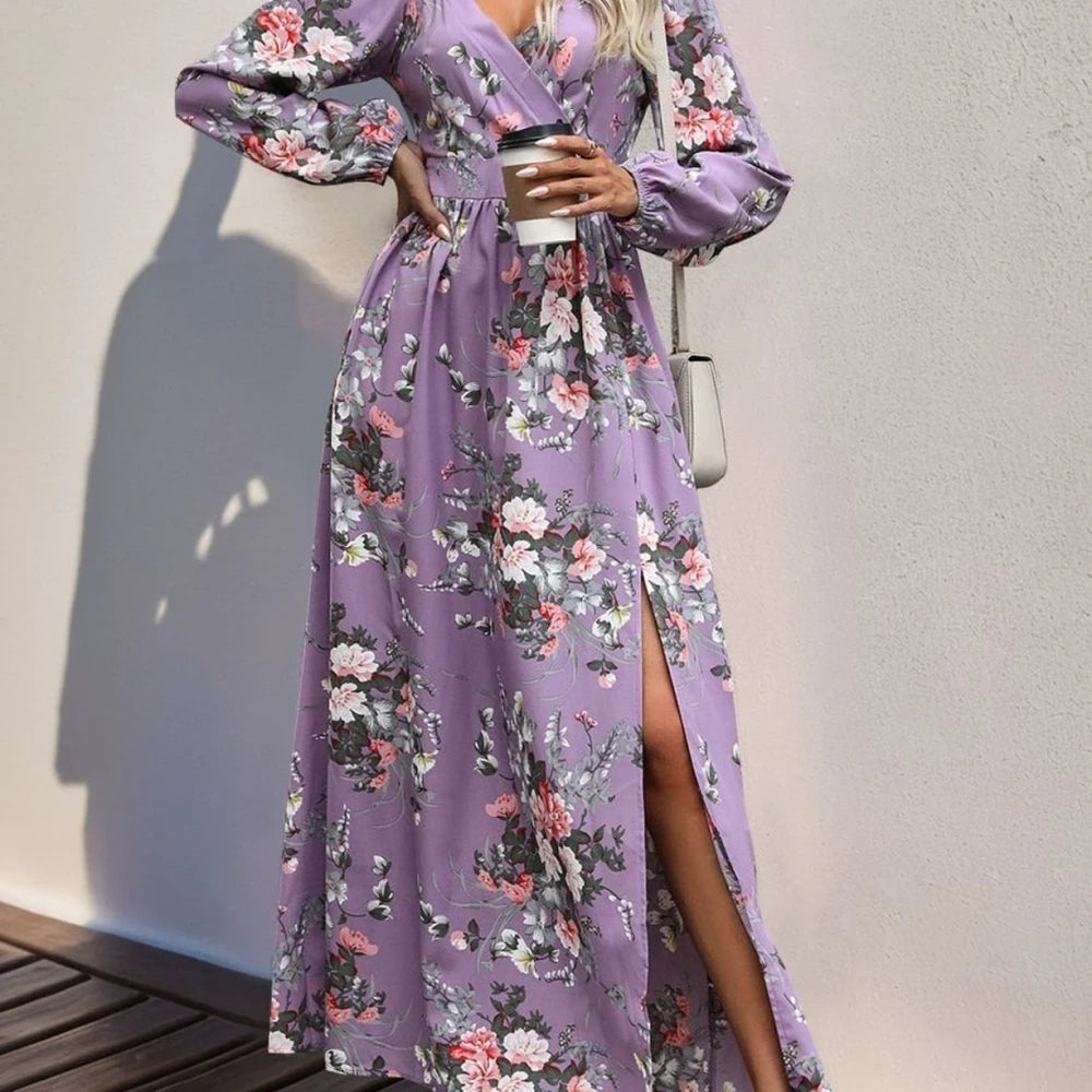 Printed Surplice Maxi Dress with Slit