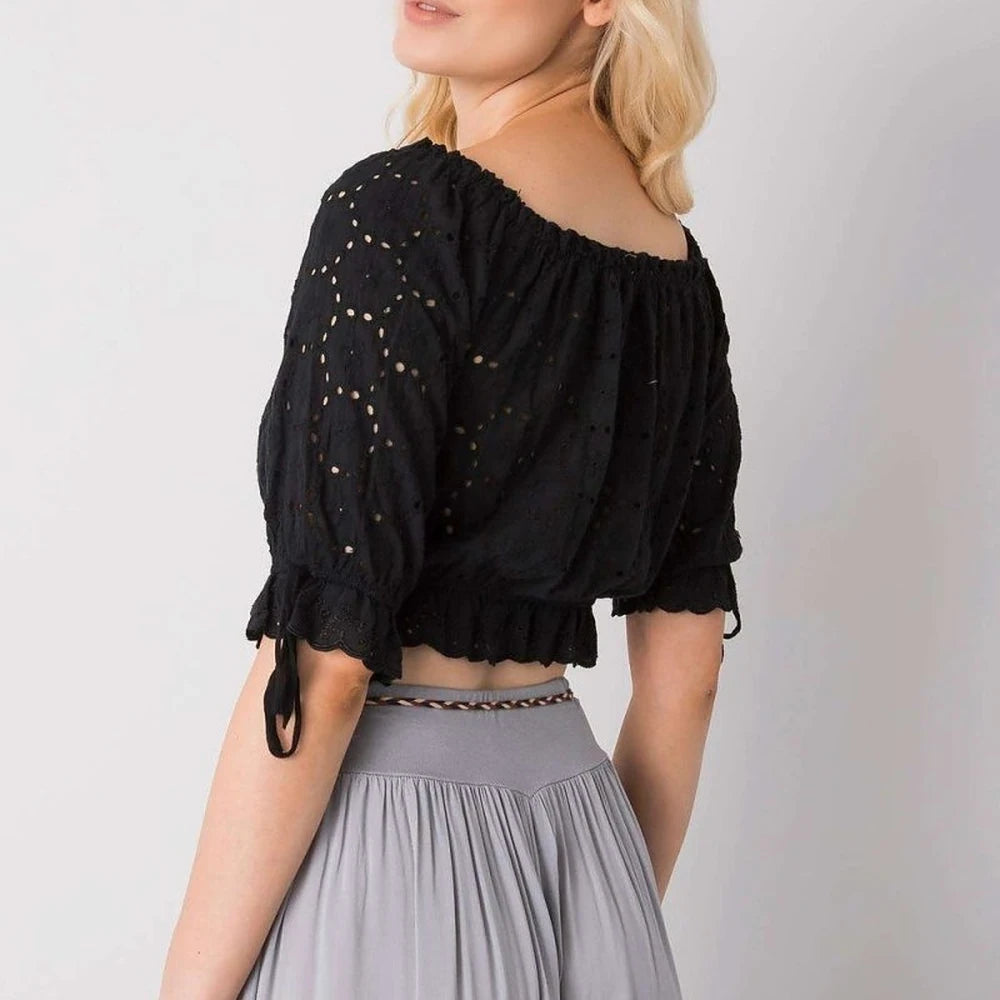 Openwork Cotton Short Sleeve Blouse