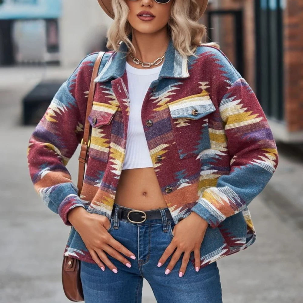 Printed Collared Neck Long Sleeve Casual Jacket