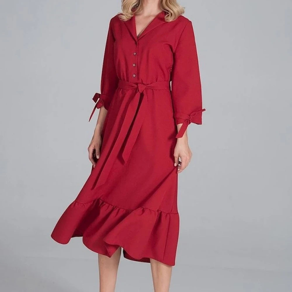 Maxi Dress Ruffle Hem V-Neck Buttoned
