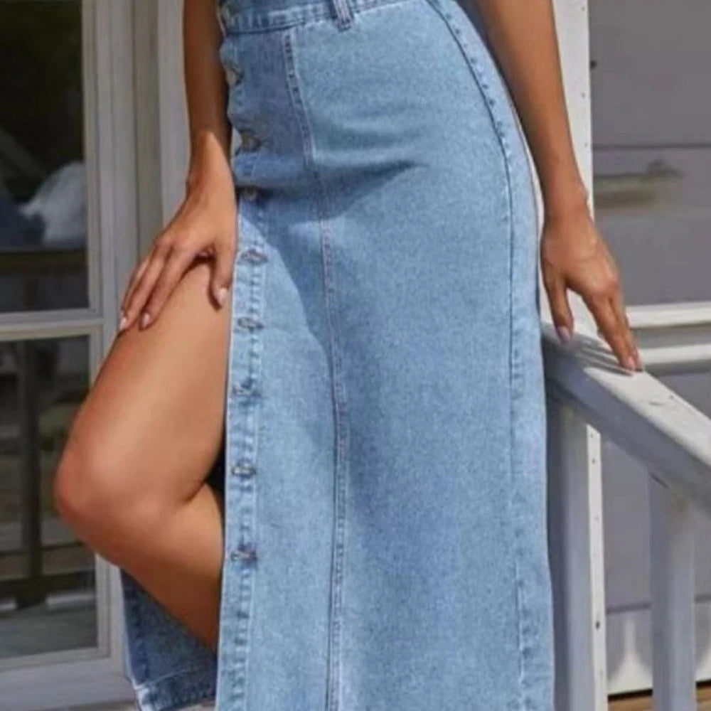 Midi Denim Skirt with Slit and Belt