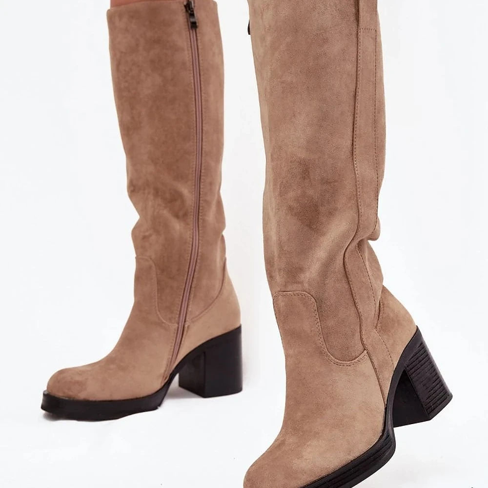 Beige Suede Ankle Boots with Block Heel