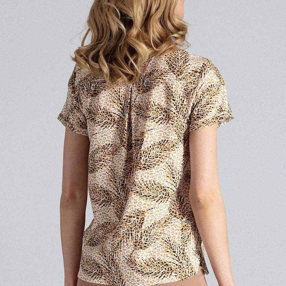 Heart Neck Blouse with Cuffed Short Sleeves