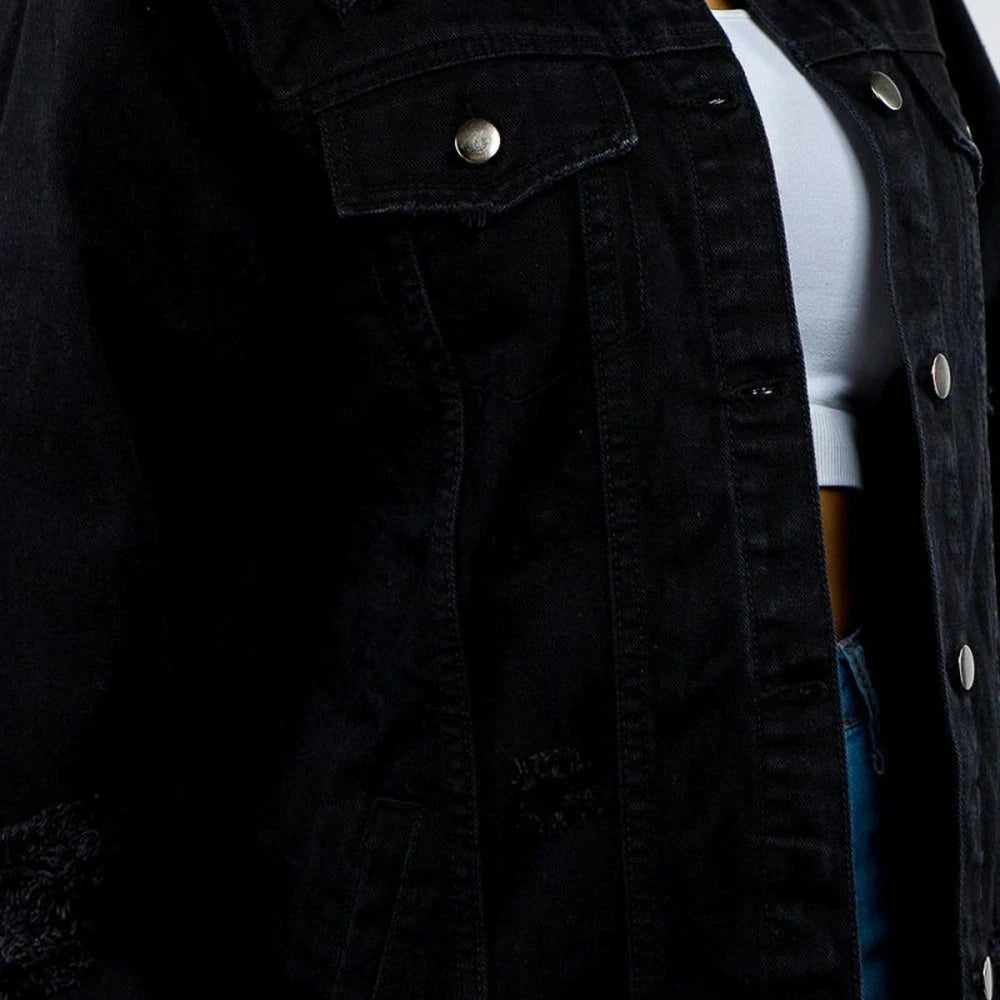 Distressed Black Denim Jacket - Cotton Blend