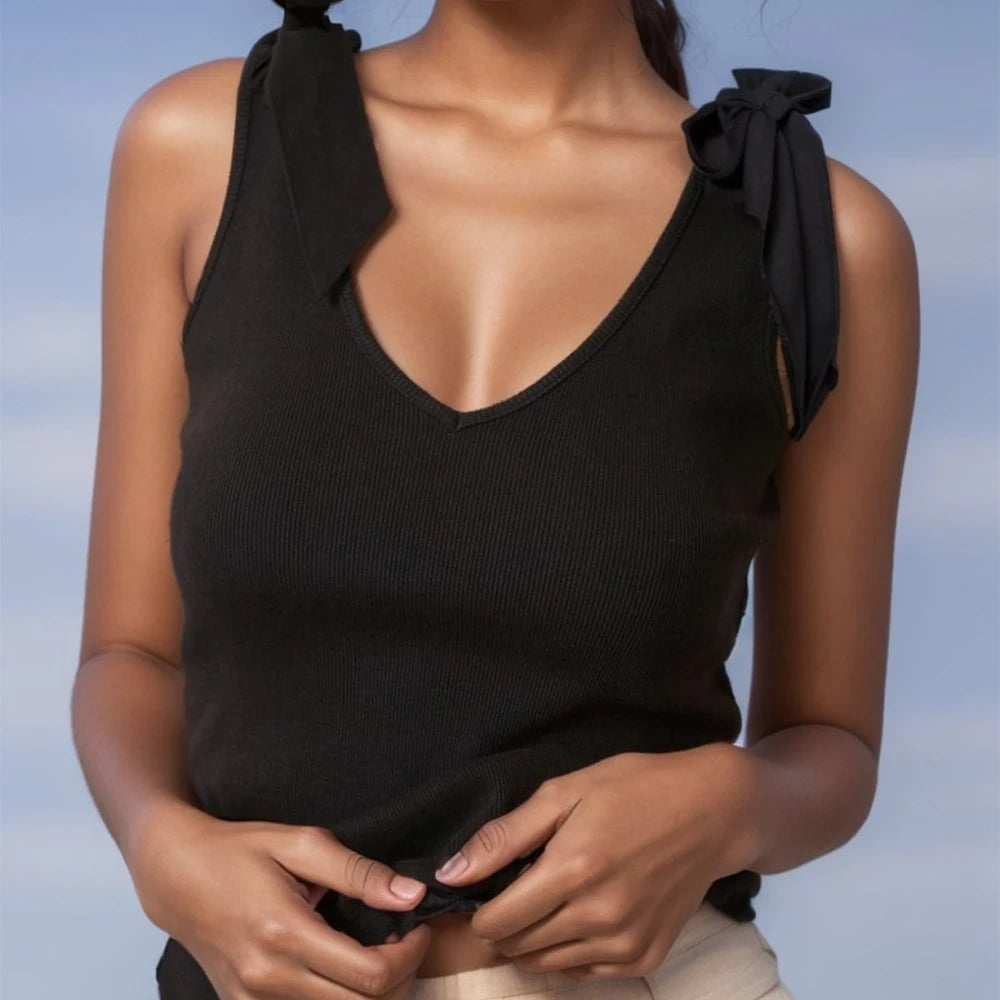 Tan V-Neck Tie Shoulder Tank