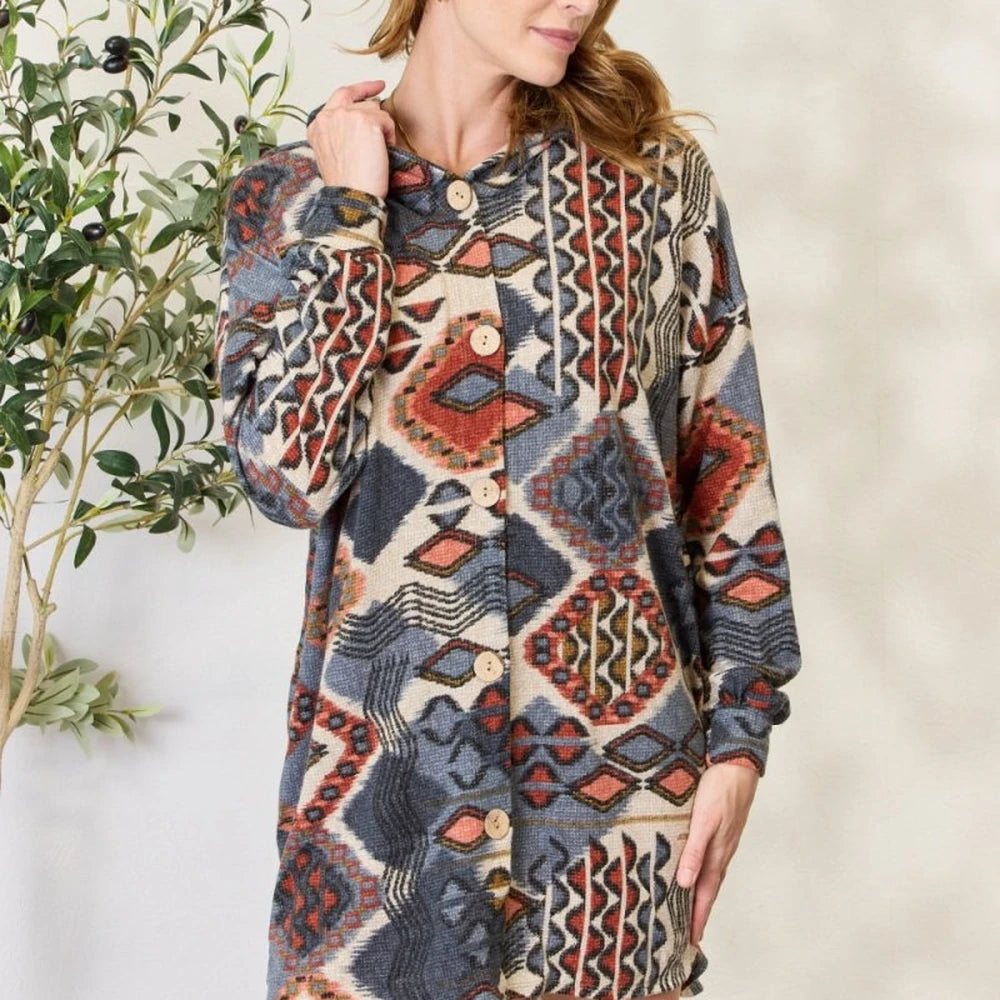 Printed Button Up Hooded Jacket
