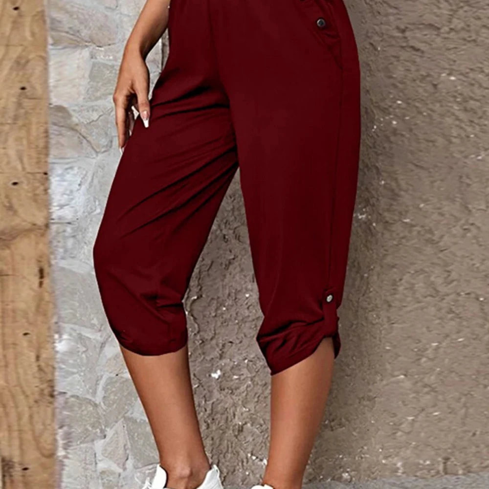 Solid Capris Pants with Roll-Tab