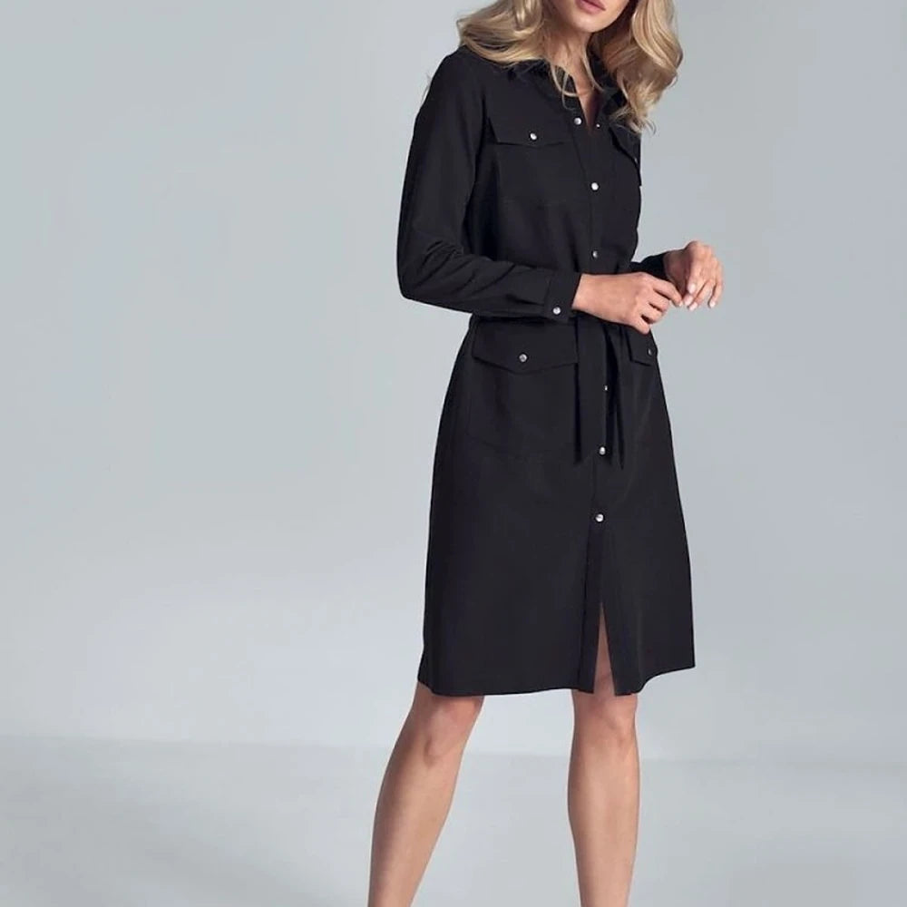 Black Midi Shirt Dress with Belt