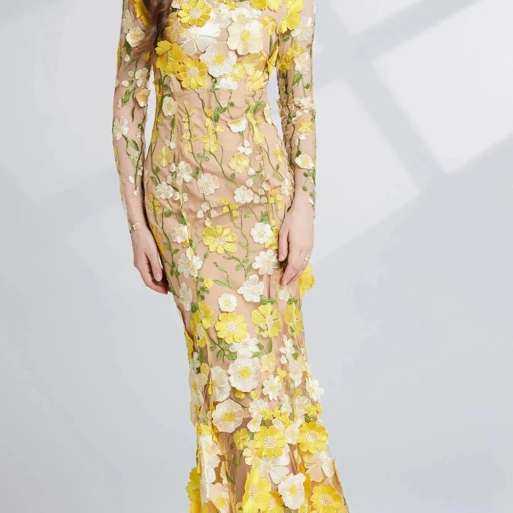 Floral Embroidered Mesh Midi Dress