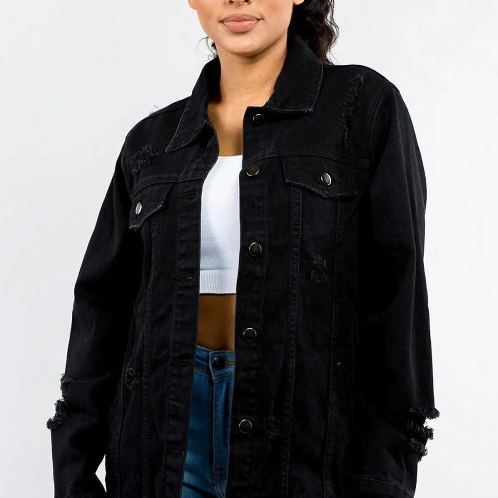 Distressed Black Denim Jacket - Cotton Blend
