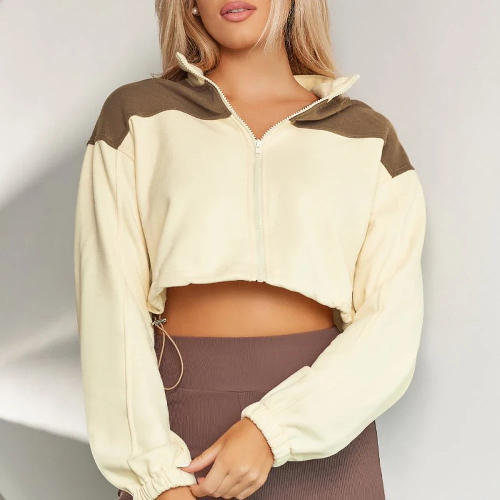 Contrast Drawstring Zip Up Jacket