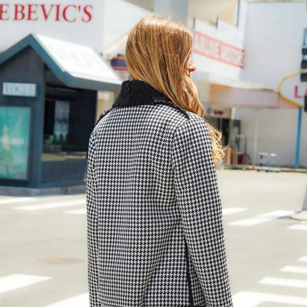 Houndstooth Open Front Long Sleeve Jacket
