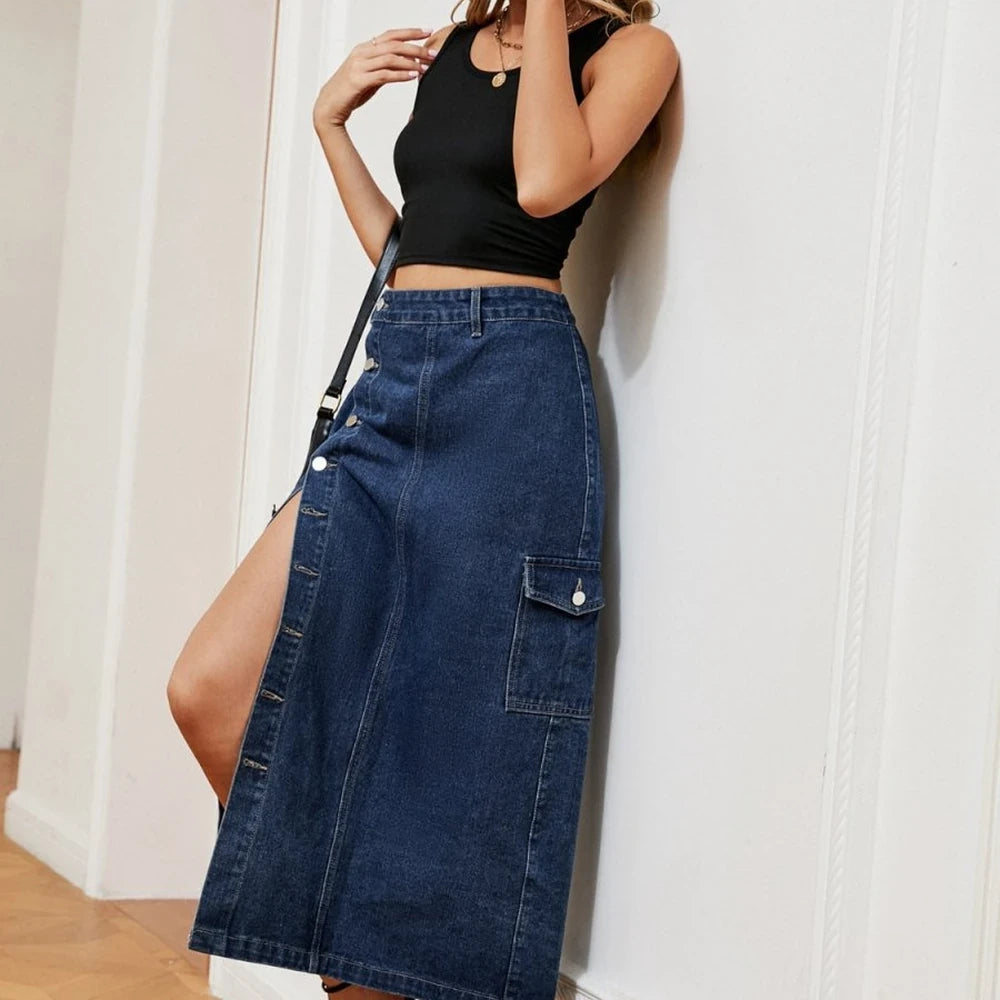 Midi Button Down Denim Skirt