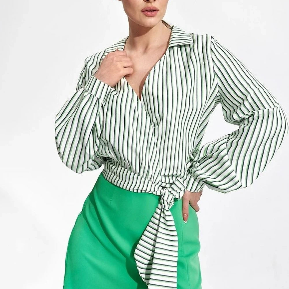 Elegant Wrap Blouse with Pleated Sleeves