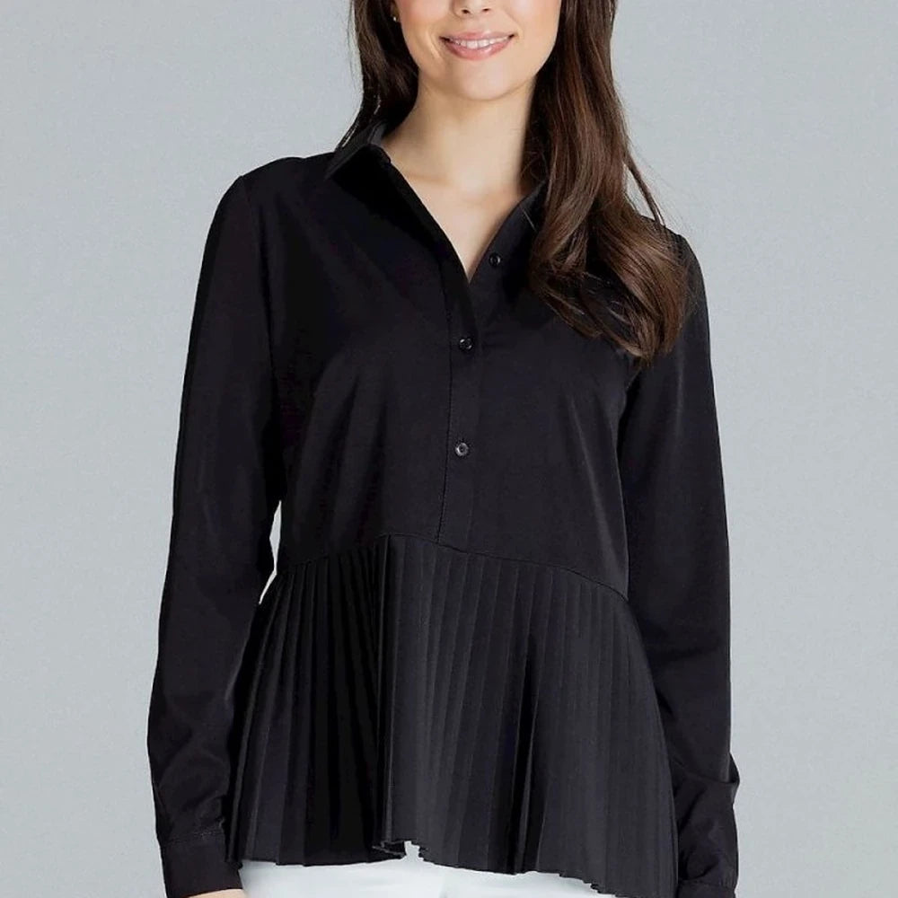 Elegant Black Long Sleeve Collared Blouse