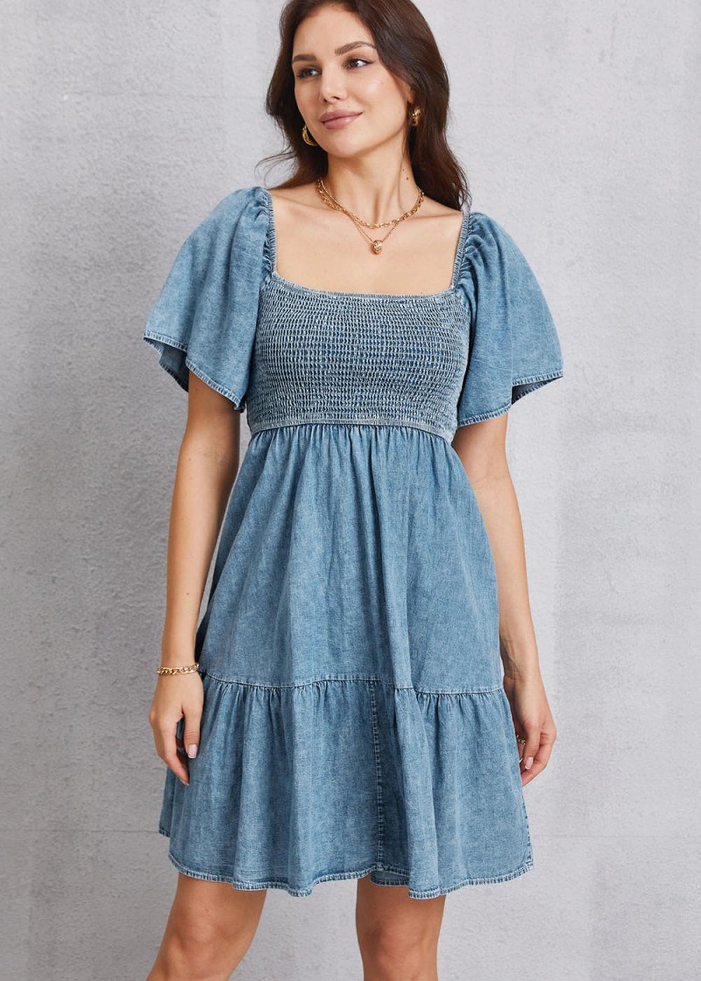 Smocked square neck mini denim