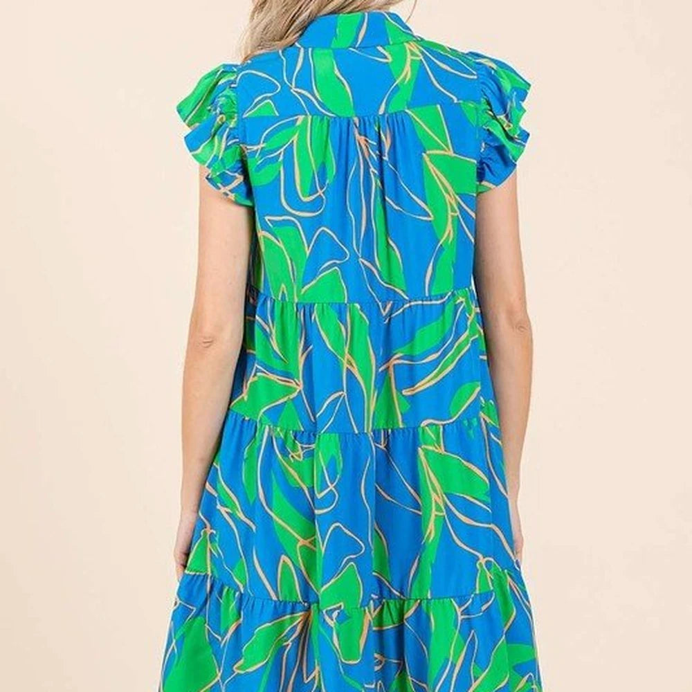 Leaf Print Ruffle Sleeve Mini Dress