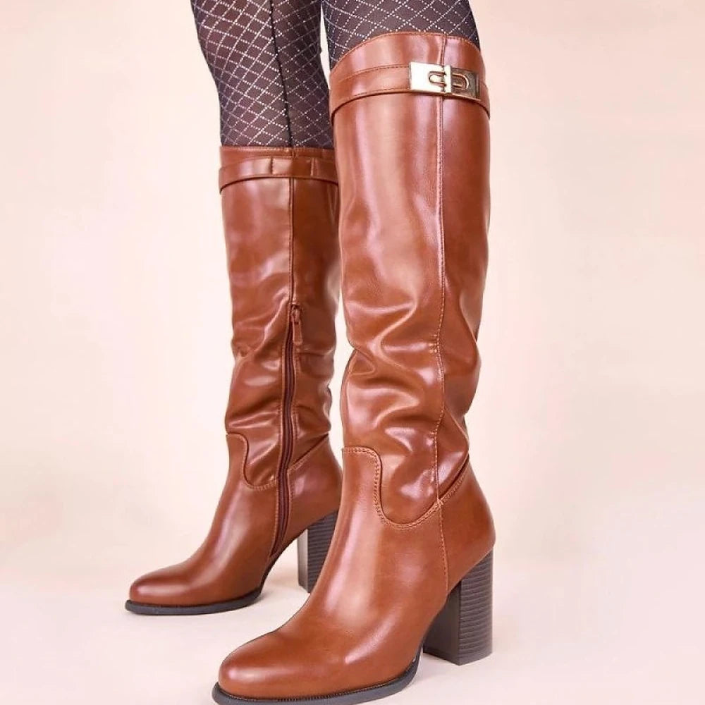 Brown Heeled Boots with Gold Ornament