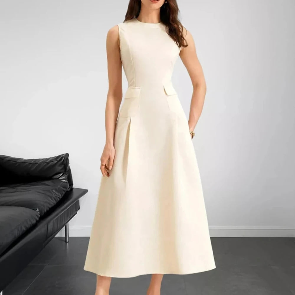 Sleeveless A-Line Midi Dress with Pockets