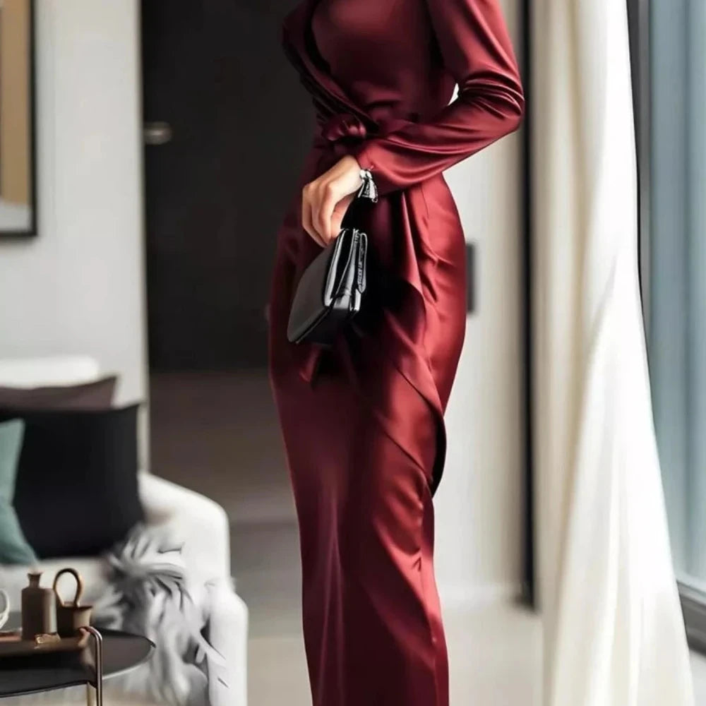 Surplice Satin Long Sleeve Maxi Dress