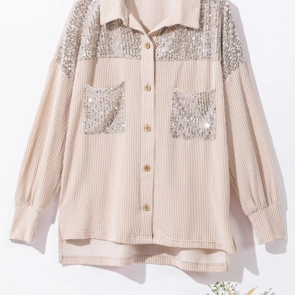 Sequin Button-Up Dropped Shoulder Jacket