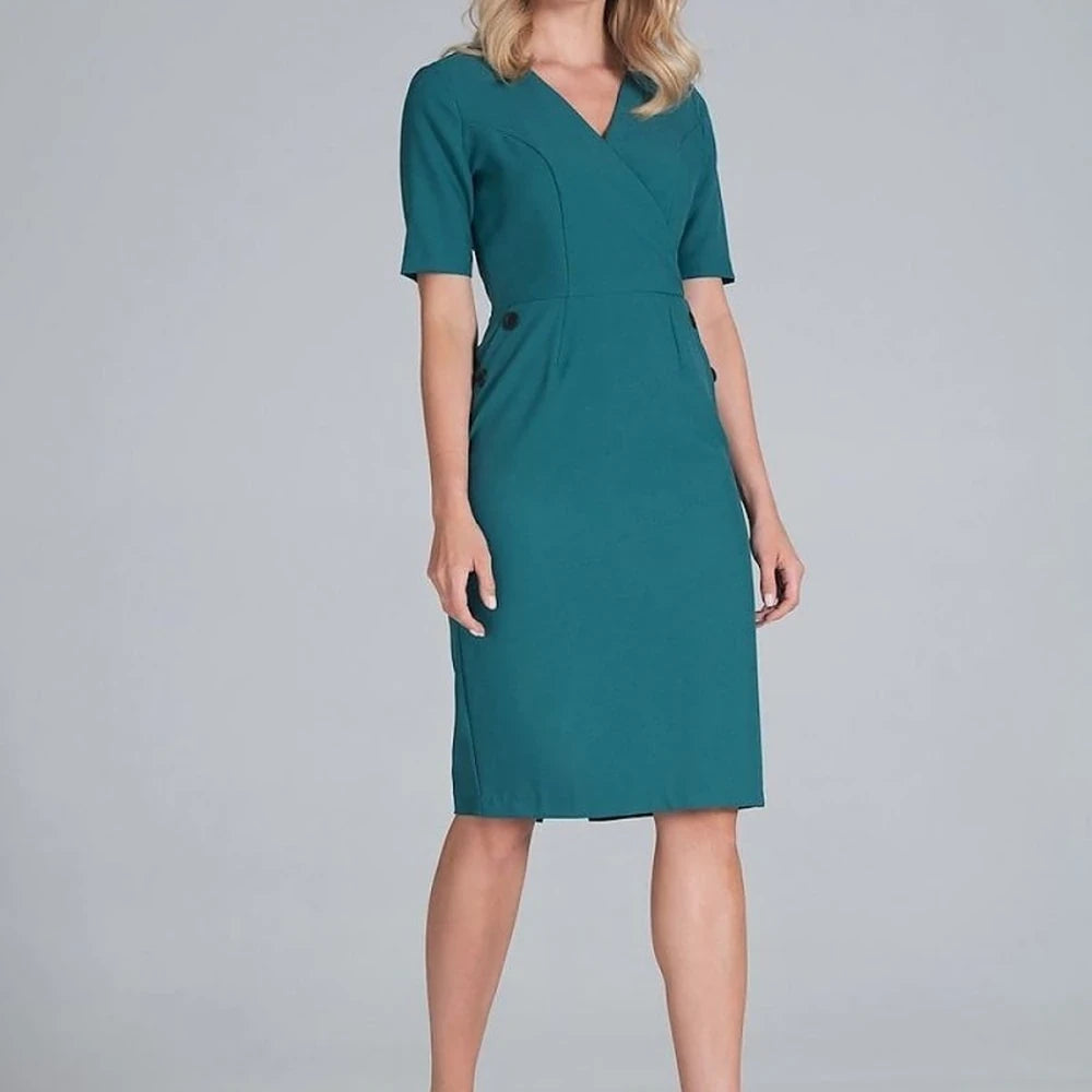 Midi Pencil Dress with Envelope Neckline