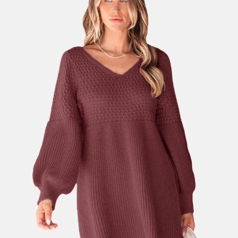 V-Neck Long Sleeve Sweater Dress