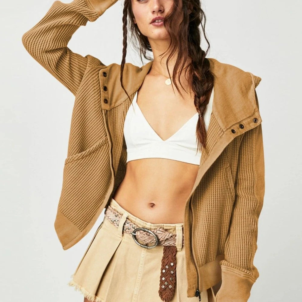 Waffle Knit Hooded Jacket with Dropped Shoulders