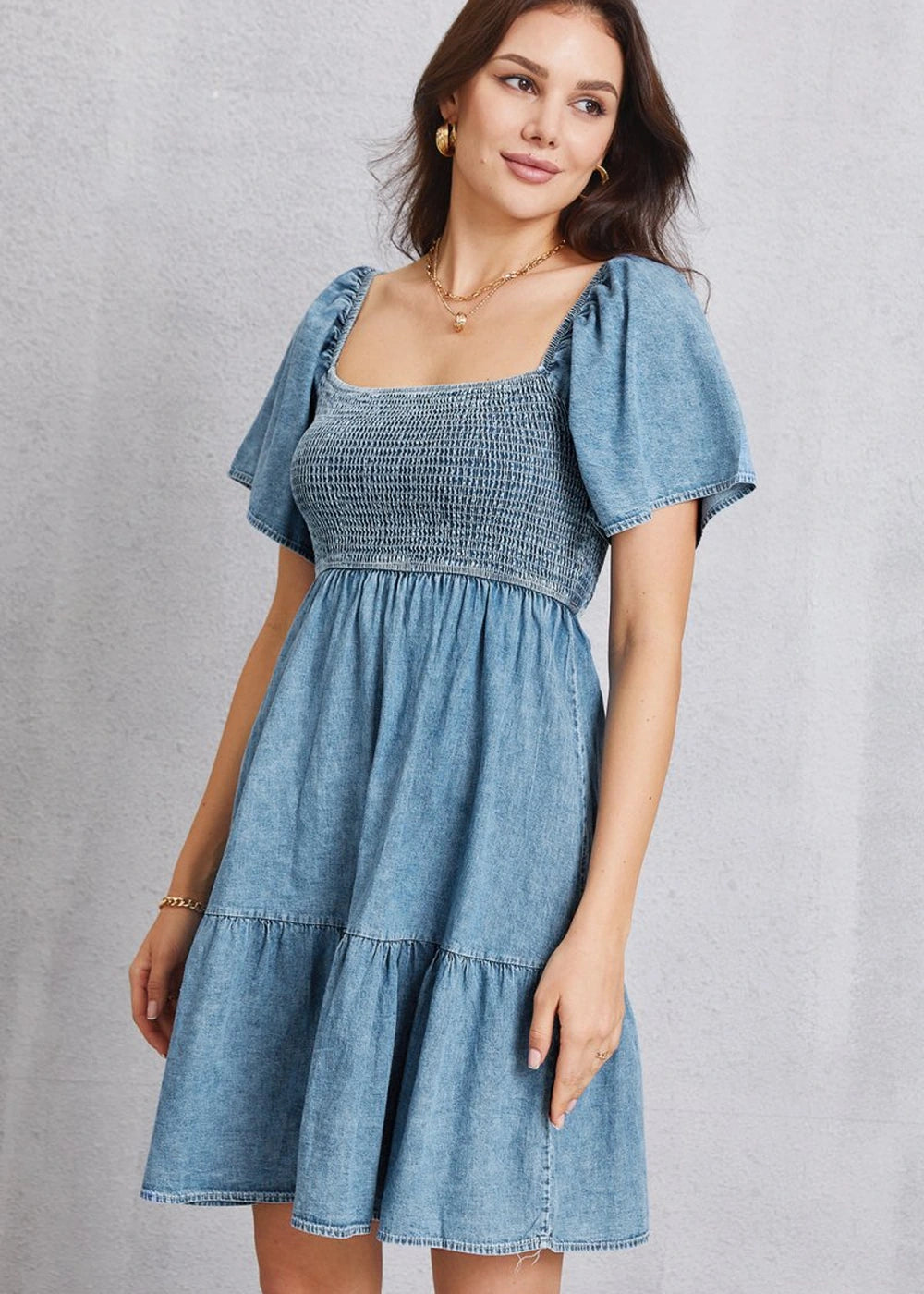 Smocked square neck mini denim