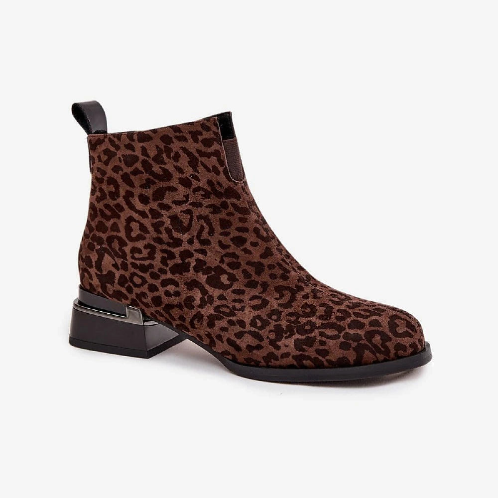 Brown Suede Panther Print Ankle Boots