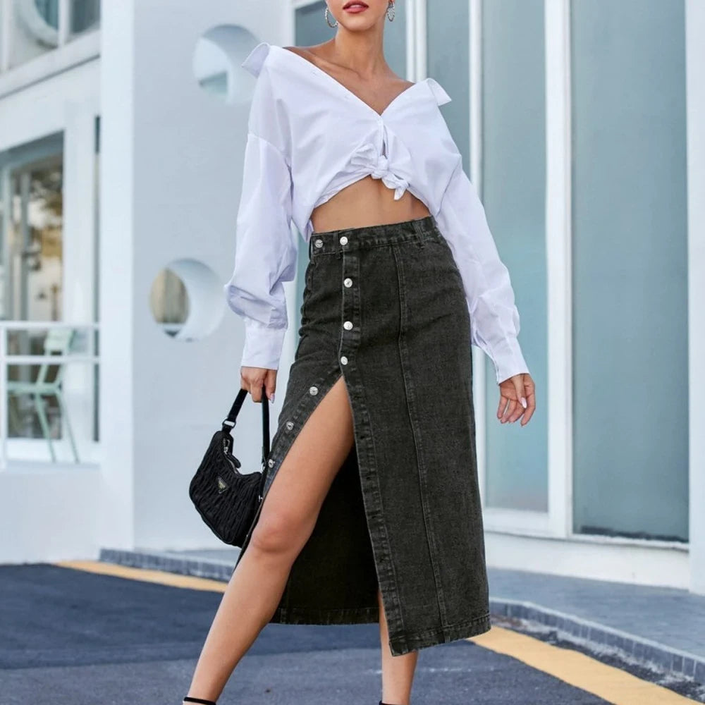 Button Down Denim Skirt with Belt