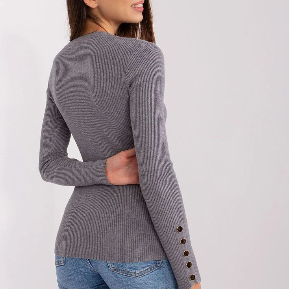 Ribbed Knit Sweater with Sleeve Buttons