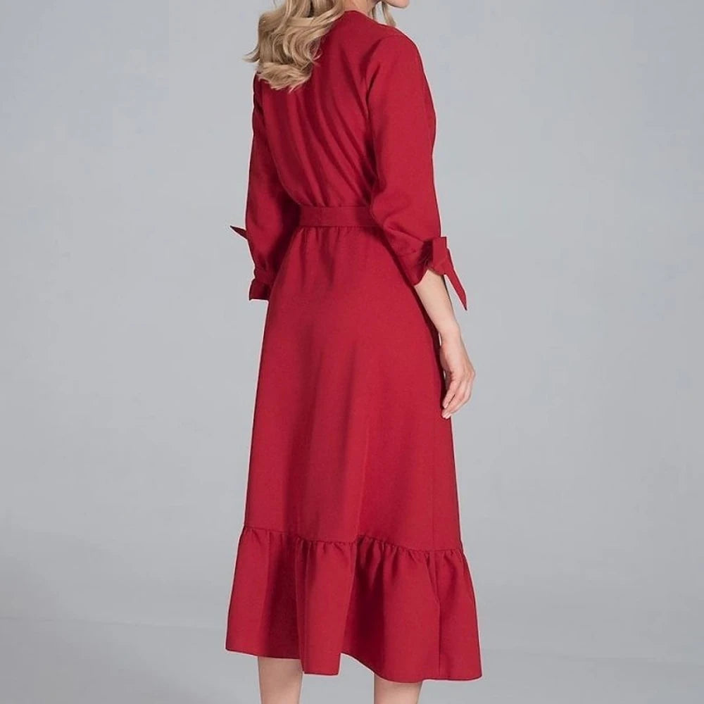 Maxi Dress Ruffle Hem V-Neck Buttoned