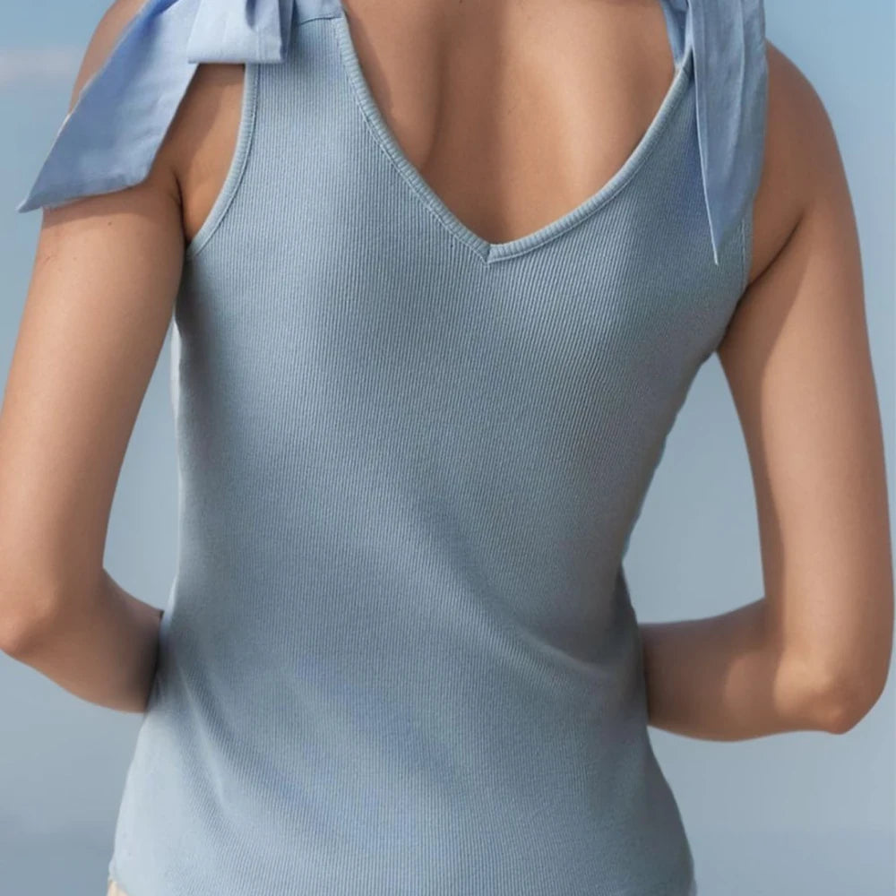 Tan V-Neck Tie Shoulder Tank