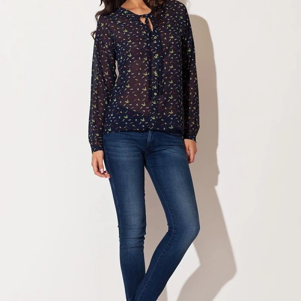 Chiffon Bird Print Shirt with Tie Neckline