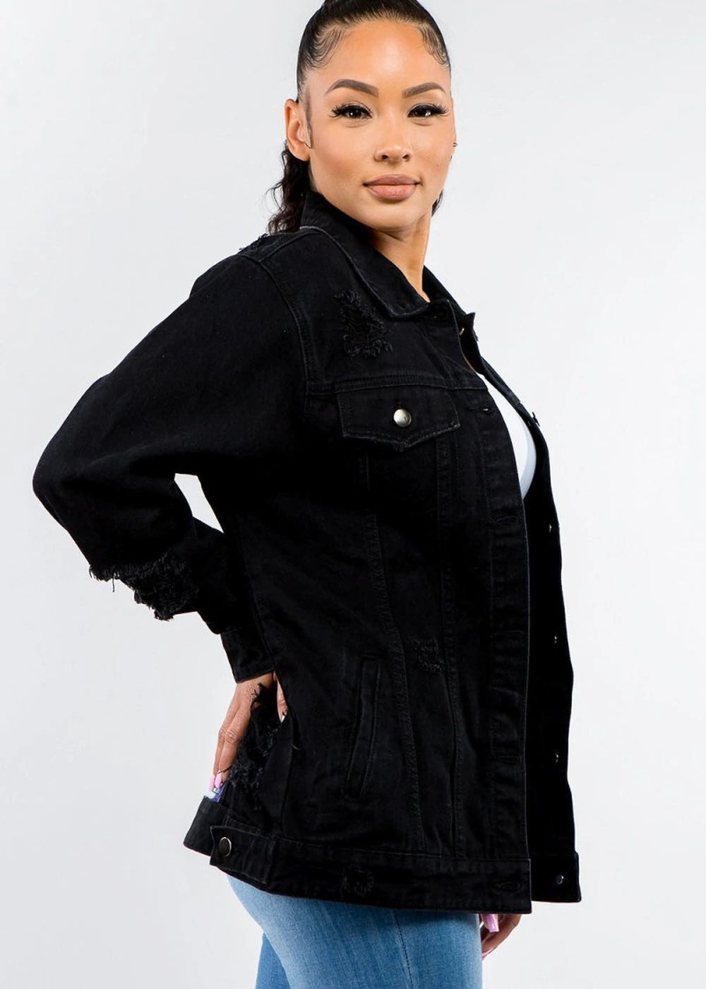 Distressed cotton blend denim jacket