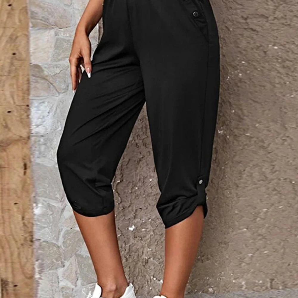 Solid Capris Pants with Roll-Tab