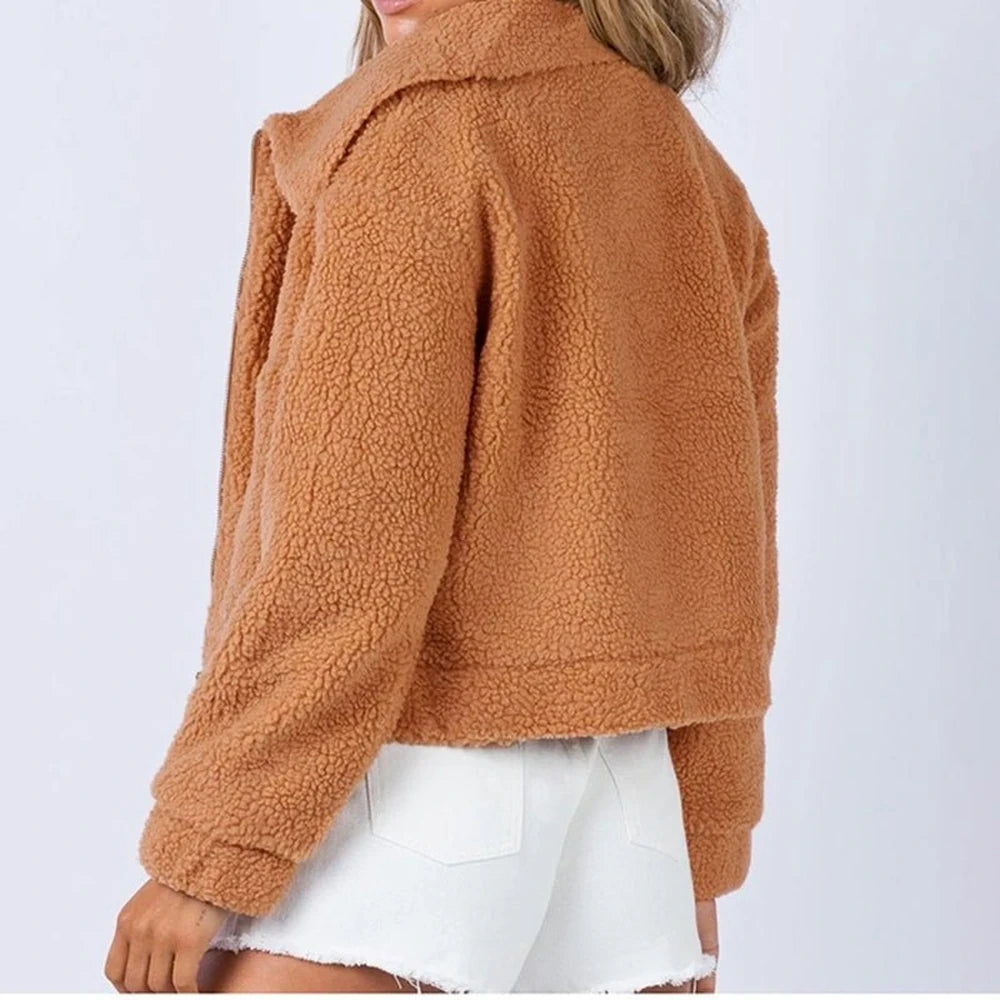 Collared Neck Sherpa Jacket with Zipper