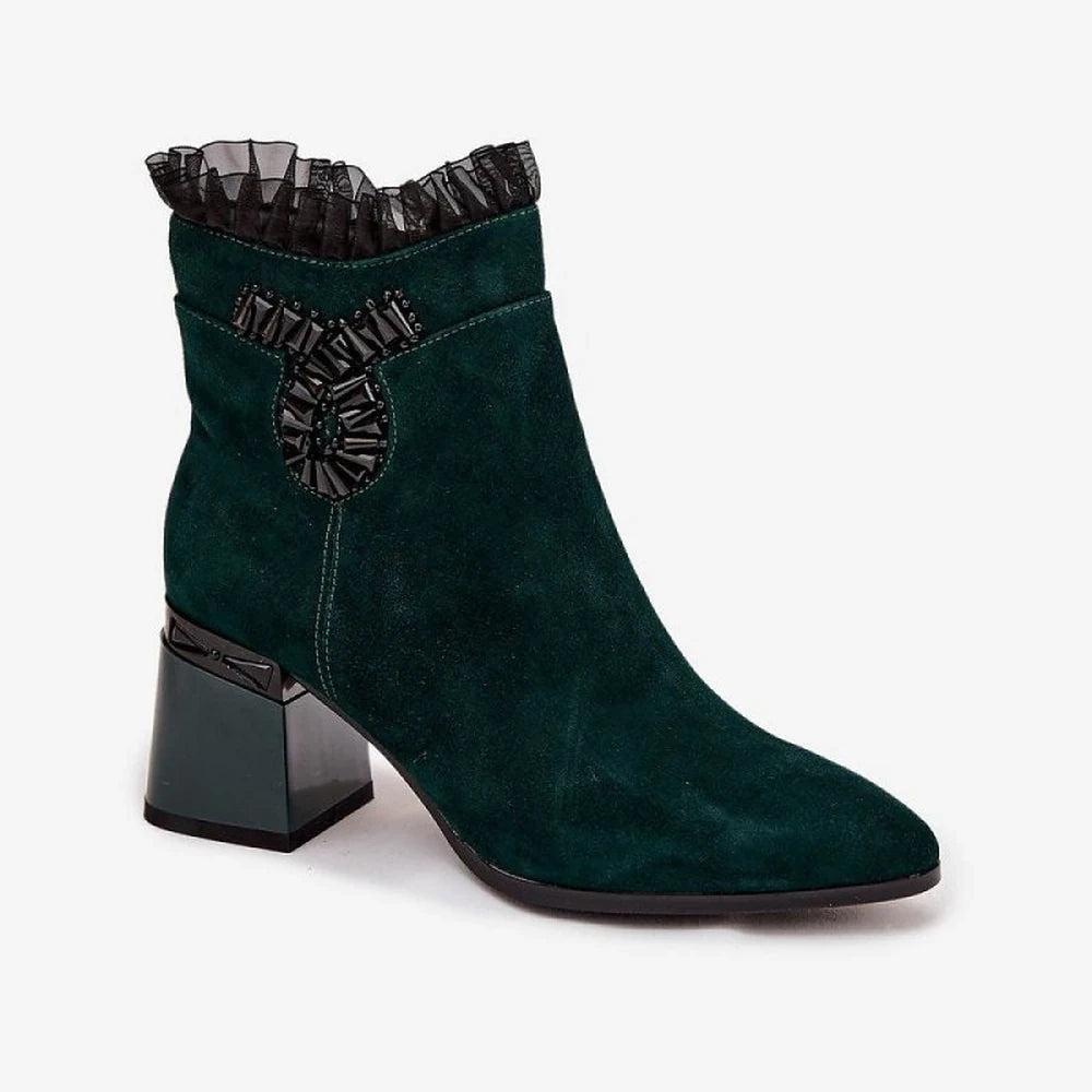 Suede Ankle Boots with Zipper - Green