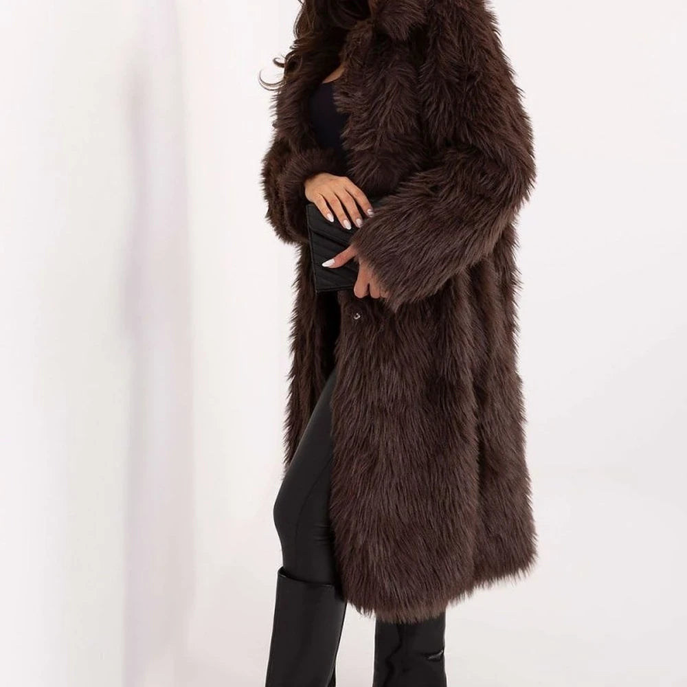 Brown Long Fur Coat with Snap Closure