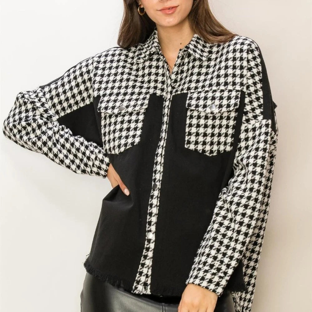 Houndstooth Contrast Raw Hem Jacket