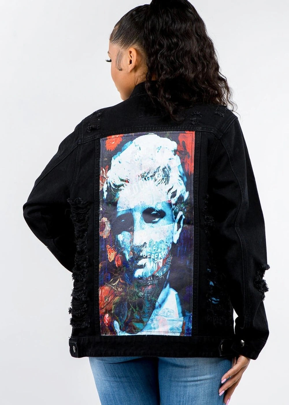 Distressed cotton blend denim jacket