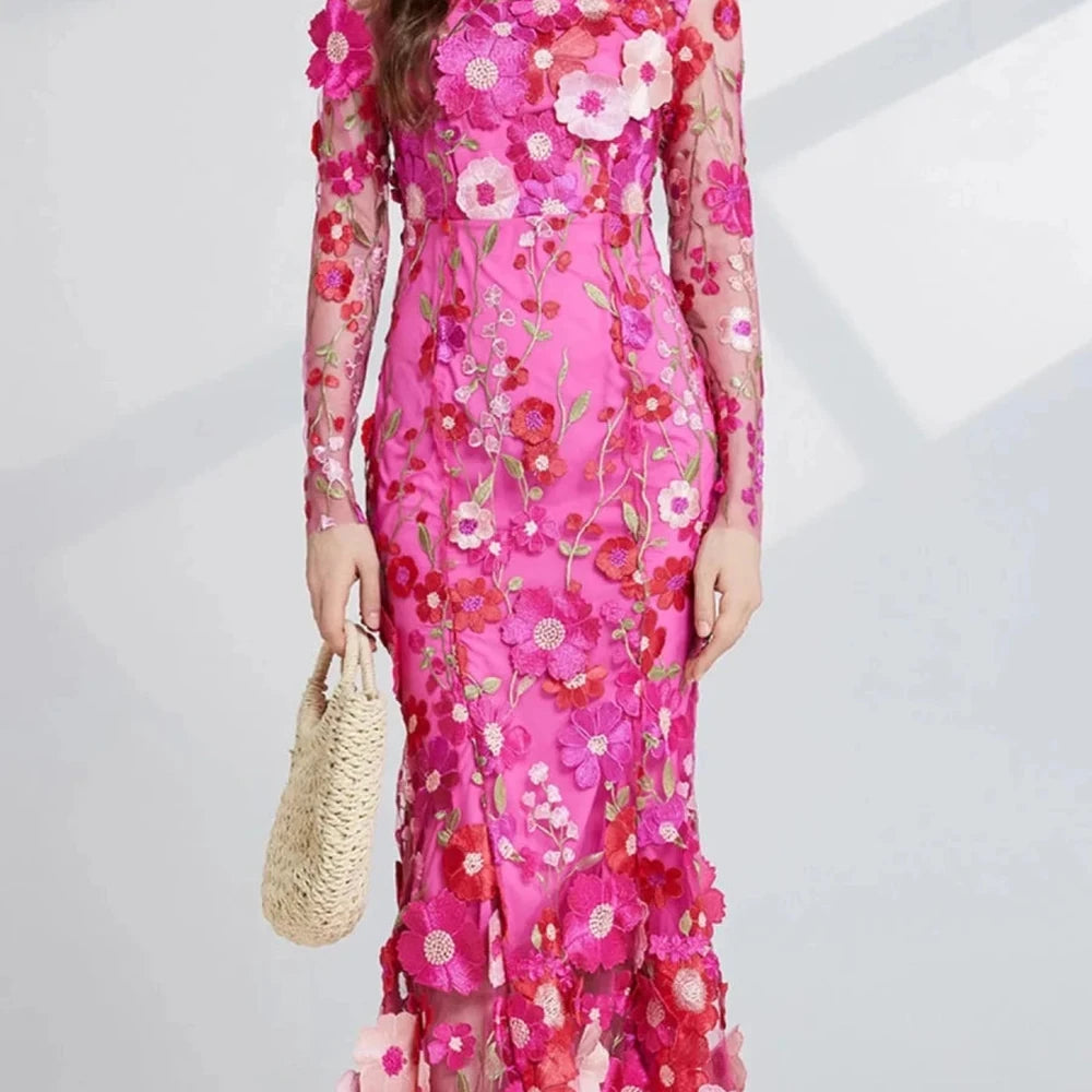 Floral Embroidered Mesh Midi Dress