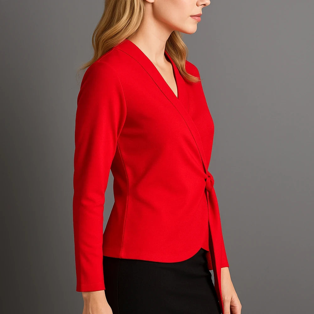 Red Tie Waist Blouse with Long Sleeves