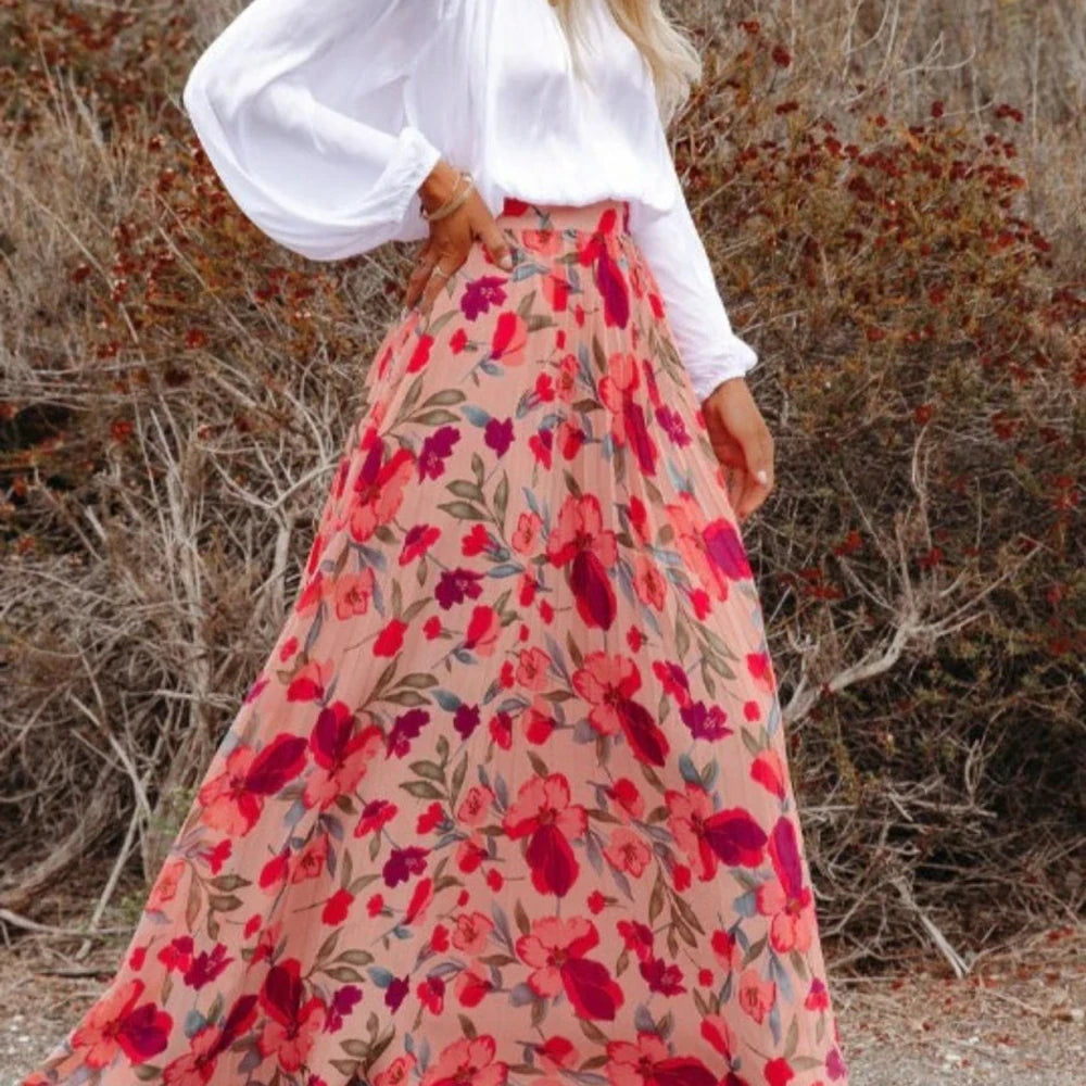 Printed Elastic Waist Maxi Skirt