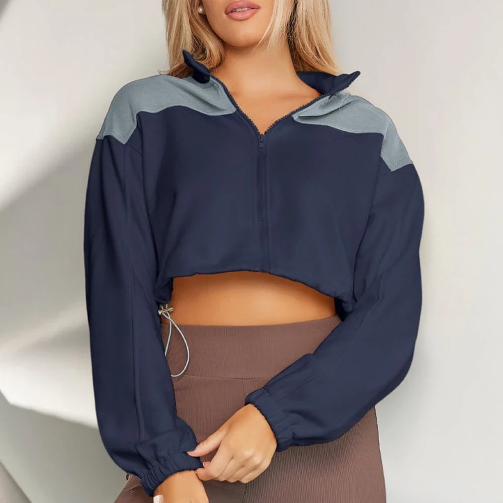 Contrast Drawstring Zip Up Jacket