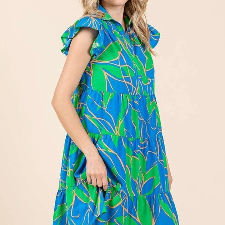 Leaf Print Ruffle Sleeve Mini Dress