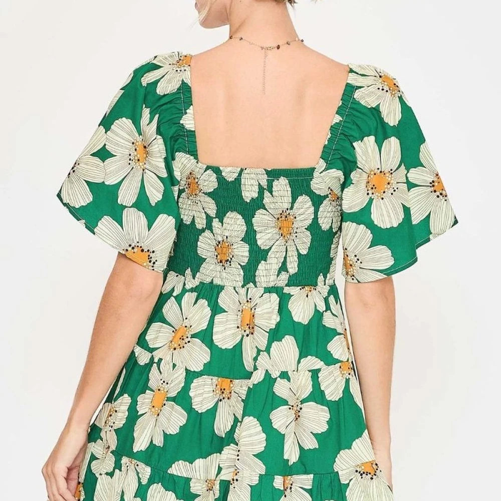 Daisy Print Mini Dress with Ribbon Details