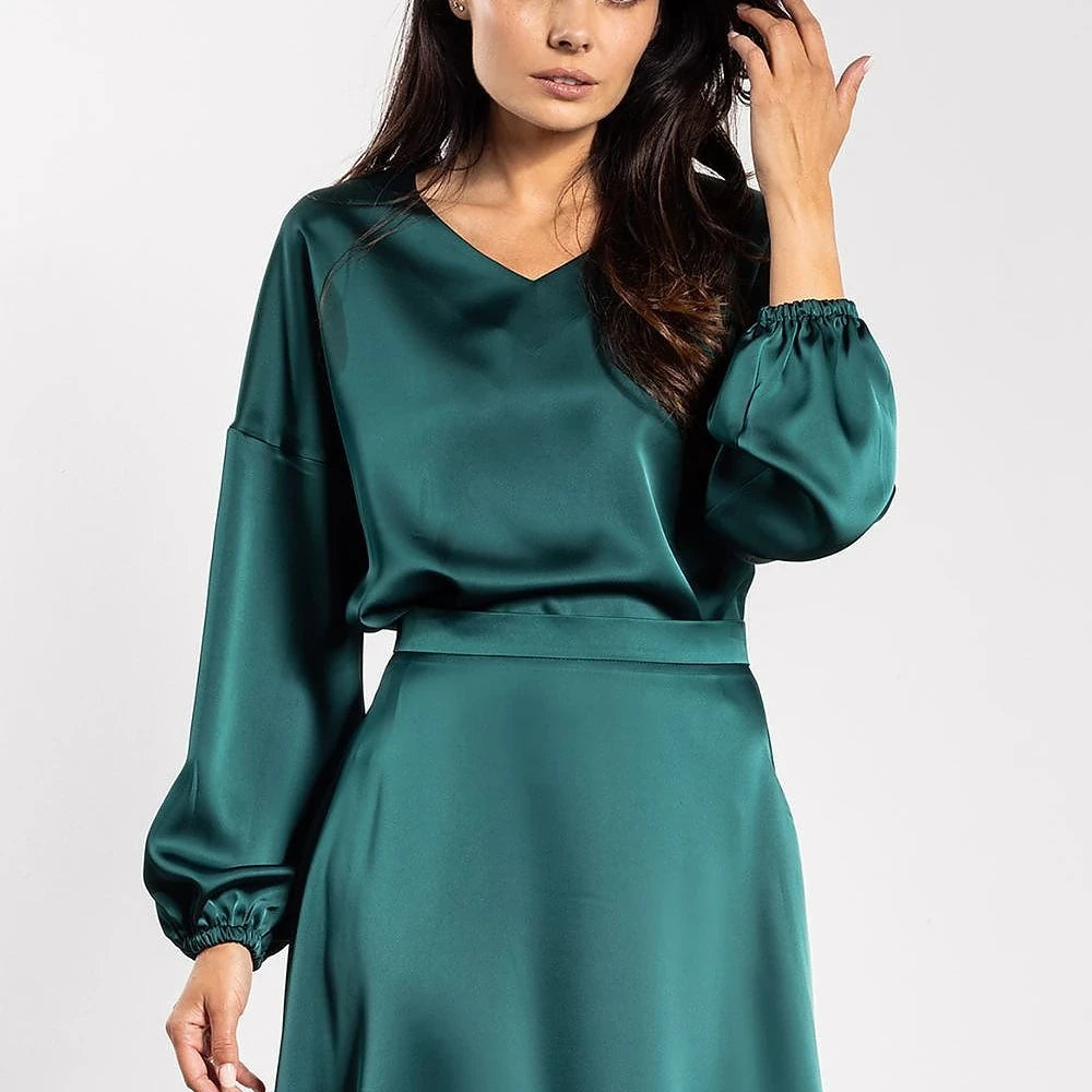 Satin V-Neck Blouse with Ruching