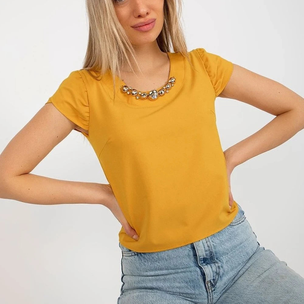Embellished Cotton Short Sleeve Blouse